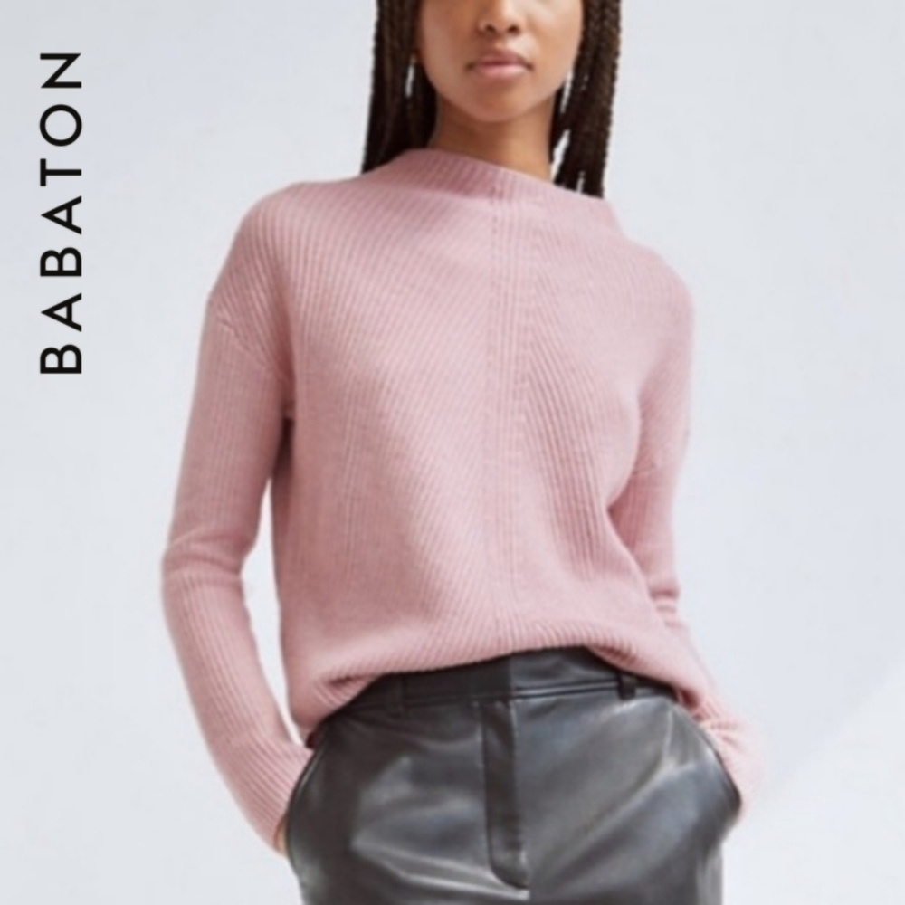 XS Aritzia Babaton Chalmers Wool Blend Light Pink Mock Neck Rib Knit Sweater